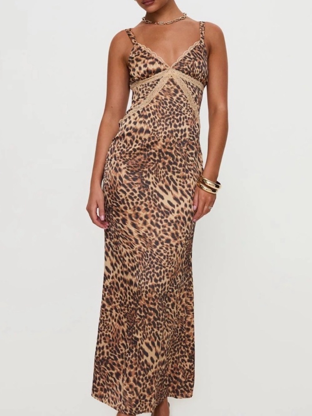 NWT Princess Polly Leopard Print Satin Midi Dress with Lace Detail Size 4
